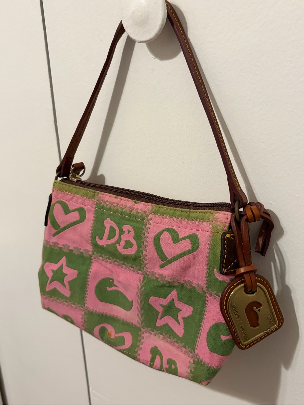Vintage Dooney & Bourke Pink and Green Patch Pattern Shoulder Bag w/ leather tag